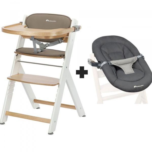 Chaise haute évolutive 2-en-1 timba ² light wood avec coussin beige + transat tinted graphite Bebeconfort