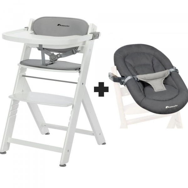 Chaise haute évolutive 2-en-1 timba ² blanc avec coussin gris + transat tinted graphite Bebeconfort