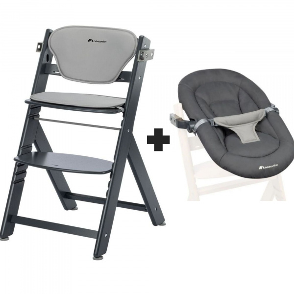 Chaise haute évolutive 2-en-1 timba ² avec coussin mineral graphite + transat tinted graphite Bebeconfort