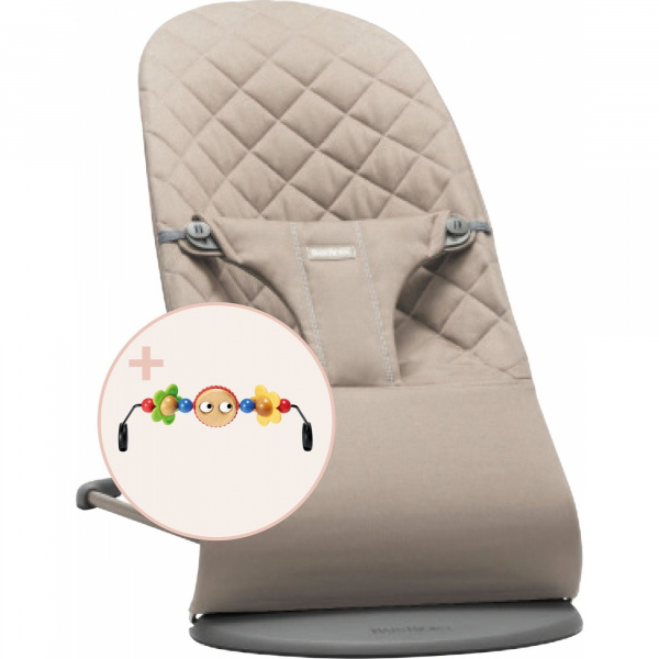 Pack transat bliss tissé matelassage pétale gris sable avec arche de jeux yeux espiègles Babybjorn