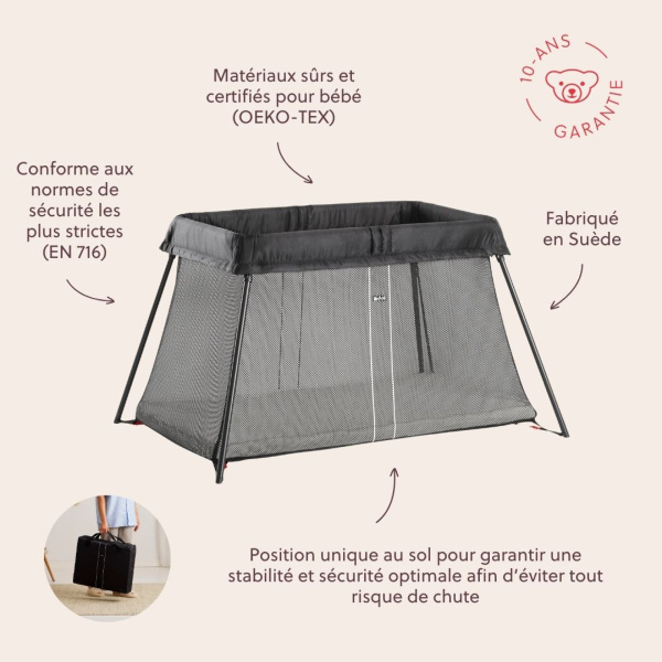 Lit parapluie light babybjorn noir avec drap housse blanc pur organic Babybjorn