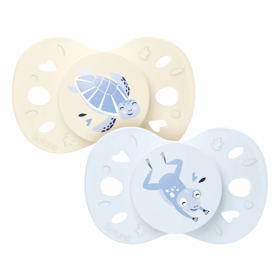 Lot de 2 sucettes anatomiques 0-6 mois animaux bleu et beige