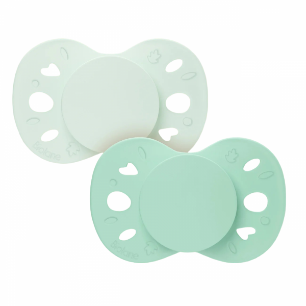 Lot de 2 sucettes anatomiques 18 mois+ essentielle vert clair et foncé Biolane