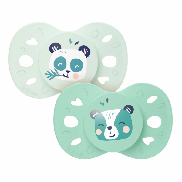 Lot de 2 sucettes anatomiques 18 mois+ animaux vert clair et foncé Biolane
