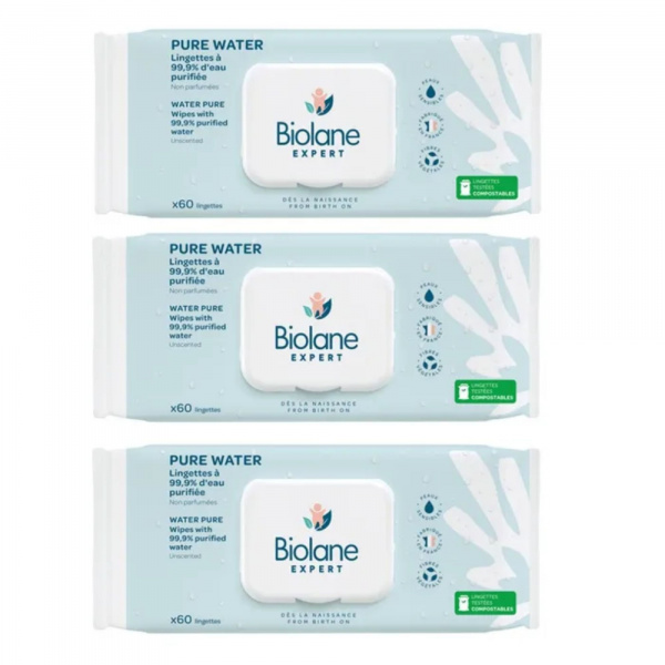 Lot de 3 paquets de lingettes bébé pure water Biolane