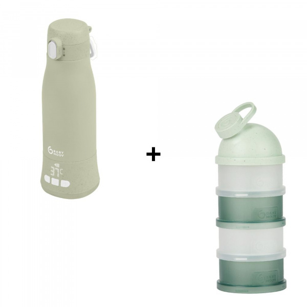 Pack chauffe biberon nomade moov and feed vert sauge + boîte doseuse babydose Babymoov