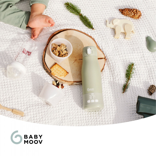 Pack chauffe biberon nomade moov and feed vert sauge + boîte doseuse babydose Babymoov