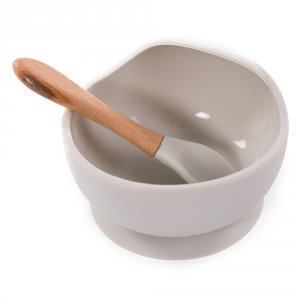 Assiette ventouse silicone & cuillère gris Bo jungle