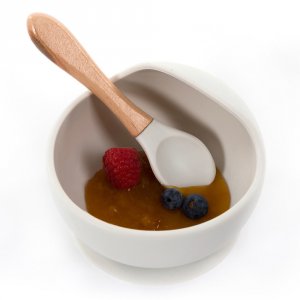 Assiette ventouse silicone & cuillère gris Bo jungle