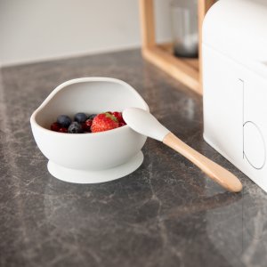 Assiette ventouse silicone & cuillère gris Bo jungle