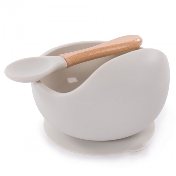 Assiette ventouse silicone & cuillère gris Bo jungle