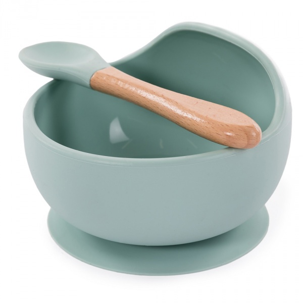 Assiette ventouse silicone & cuillère gris Bo jungle