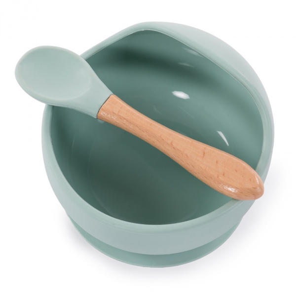 Assiette ventouse silicone & cuillère gris Bo jungle