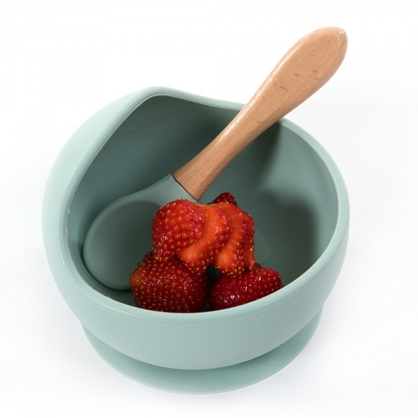 Assiette ventouse silicone & cuillère gris Bo jungle