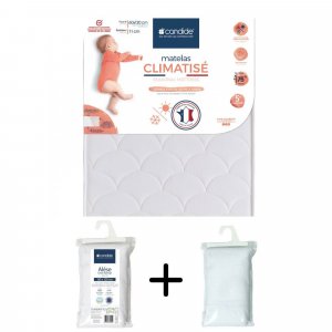 Pack matelas bébé climatisé + alèse blanc + drap housse blanc - 60x120 cm Candide