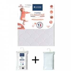 Pack matelas bébé climatisé + alèse blanc + drap housse blanc - 70x140 cm Candide