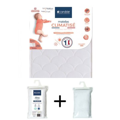 Pack matelas bébé climatisé + alèse blanc + drap housse blanc - 70x140 cm
