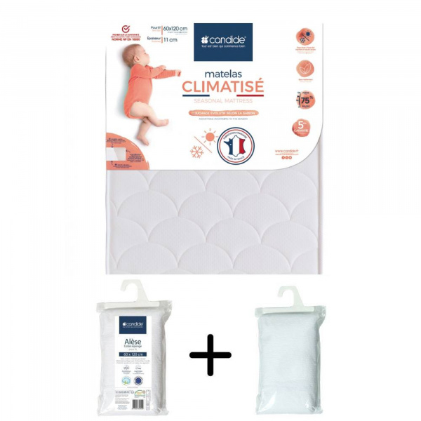Pack matelas bébé climatisé + alèse blanc + drap housse blanc - 60x120 cm Candide
