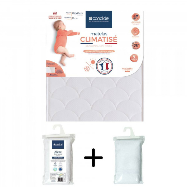 Pack matelas bébé climatisé + alèse blanc + drap housse blanc - 70x140 cm Candide