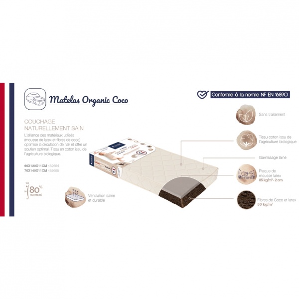 Matelas bébé organic coco 60x120 cm Candide
