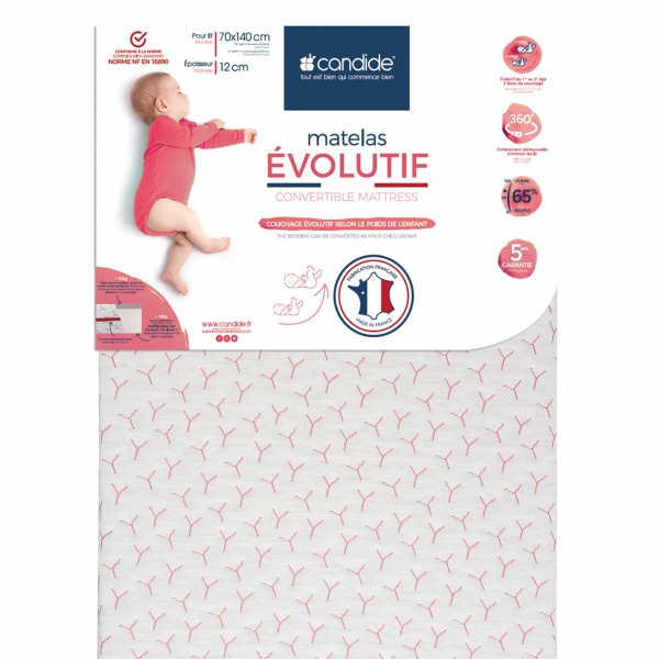 Matelas bébé évolutif déhoussable 60 x 120 cm Candide