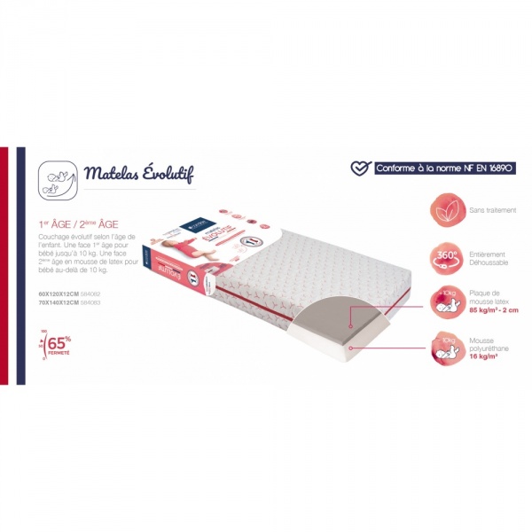Matelas bébé évolutif déhoussable 70 x 140 cm Candide