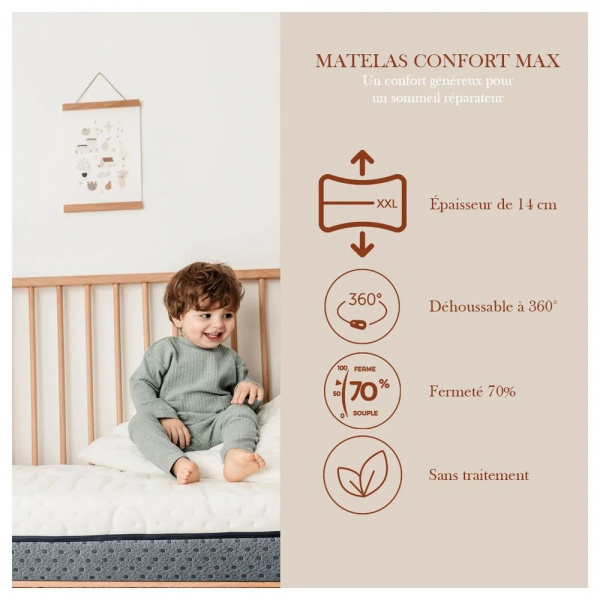 Matelas bébé confort max déhoussable 60 x 120 cm Candide