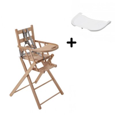 Pack chaise haute pliante sarah vernis naturel et sa tablette blanche amovible
