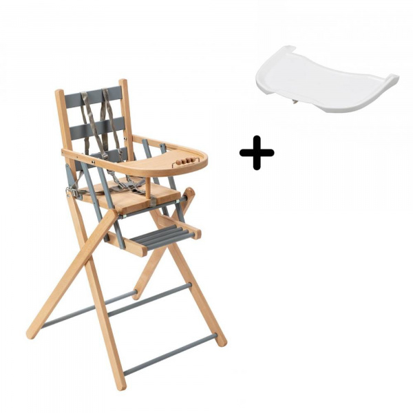 Pack chaise haute pliante sarah hybride bleu gris et sa tablette blanche amovible Combelle