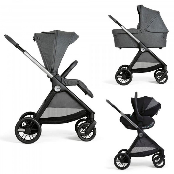 Poussette trio bellagio + siège auto first seat recline i-size black satin + nacelle black satin Chicco