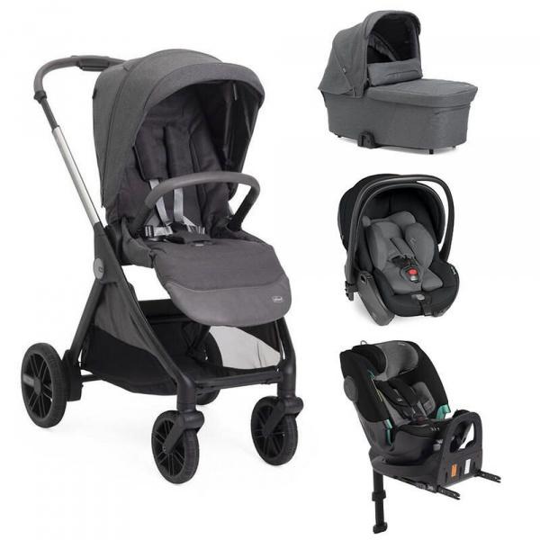 Poussette trio bellagio 2 + first seat recline + nacelle flexi + fullseat 360 avec base black satin Chicco