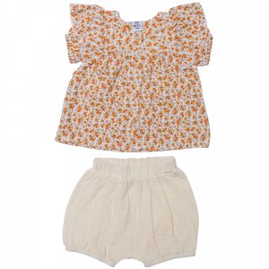 Ensemble blouse + short en gaze orange/ écru - 18 mois Bb&co