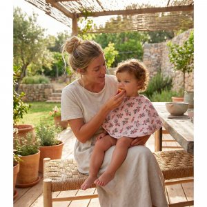 Bavoir 2 en 1 bi-matière (poncho/ épaule) fleurs/ biscuit Bb&co