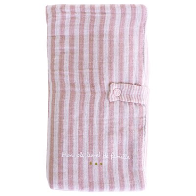 Protège-livret de famille rayé avec poche photo rose