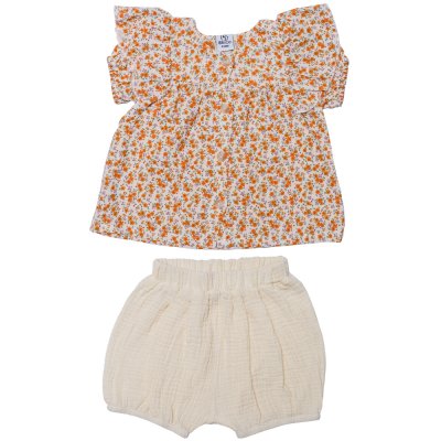 Ensemble blouse + short en gaze orange/ écru - 18 mois