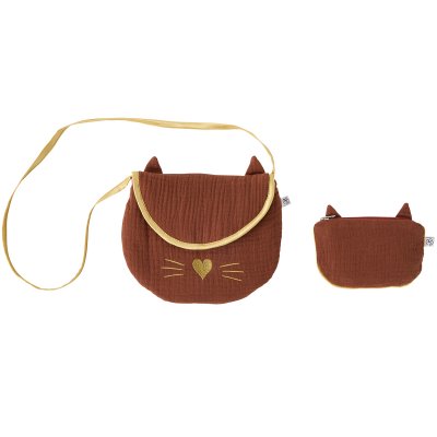 Sac bandoulière + porte-monnaie - chat - gaze de coton toffee / or