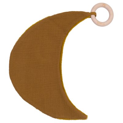Doudou lune avec anneau dentition gaze et bambou ocre