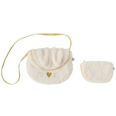 Sac bandoulière + porte-monnaie - lapin - fausse fourrure écru / or