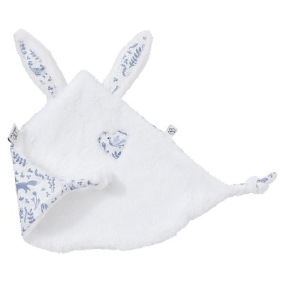 Doudou plat lapin petit cœur microfibre blanc / imprimé forêt