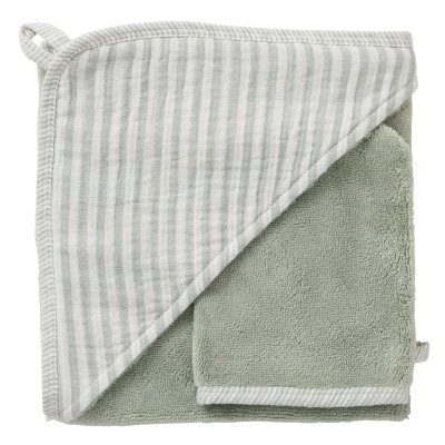 Cape de bain bébé avec gant de toilette soft stripes vert de gris