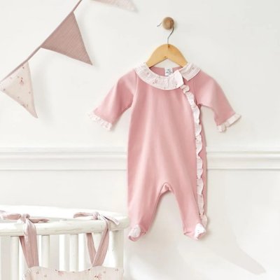 Pyjama hiver en maille bouclette rose thé avec volants - 6 mois
