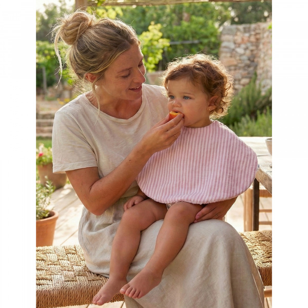 Bavoir 2 en 1 bi-matière (poncho/ épaule) rayé vieux rose Bb&co