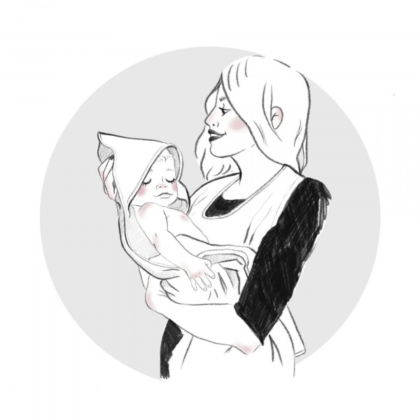 Cape de bain tablier en bambou et gaze rayée ivoire/ galet Bb&co