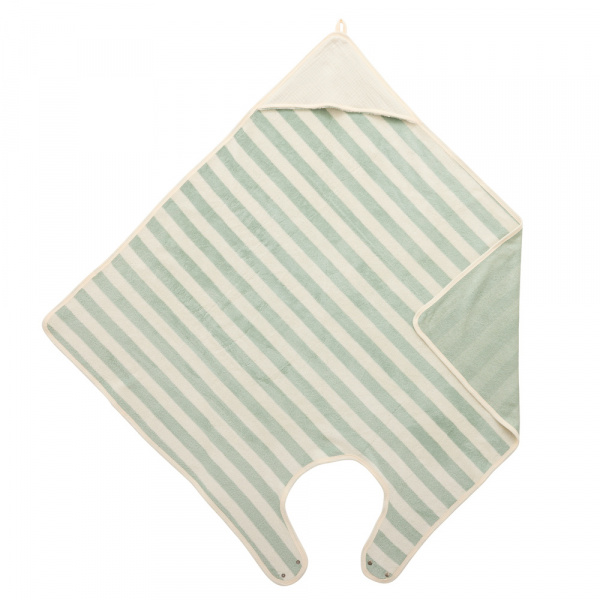 Cape de bain tablier en bambou et gaze rayée ivoire/ vert de gris Bb&co