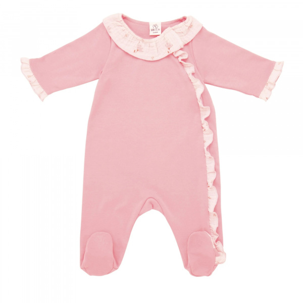Pyjama hiver en maille bouclette rose thé avec volants - 1 mois Bb&co