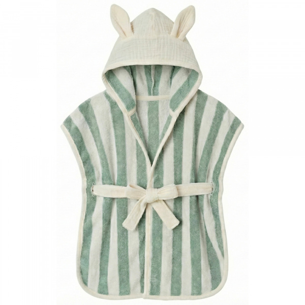 Peignoir bambou et gaze de coton rayée ivoire/ vert de gris 0/2ans Bb&co