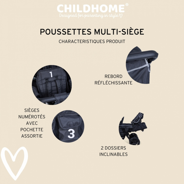 Poussette multiplaces triplet noir Childhome