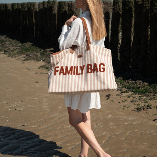 Sac à langer family bag à rayures terracotta et nude Childhome