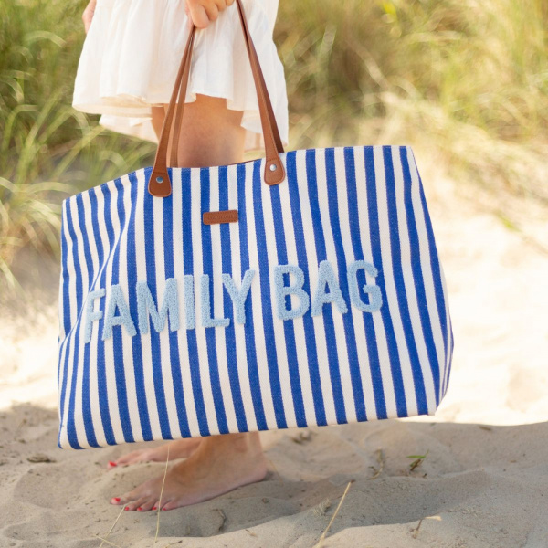 Sac à langer family bag à rayures bleu éléctrique et bleu clair Childhome