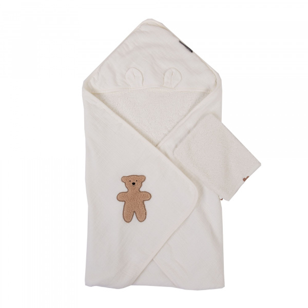 Cape de bain + gant mousseline teddy bear - 80 x 80 cm Childhome
